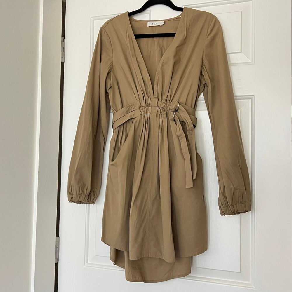 A.L.C. Jezebel Tan Poplin V Neck Belted Mini Dress Size 8 - Picture 5 of 8